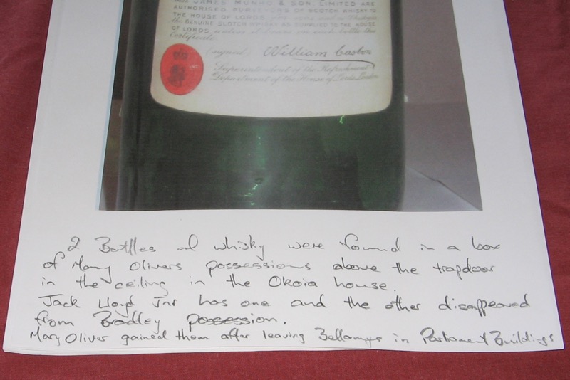 Hand-written note found with the with Whisky bottle that was presented to Mary Oliver upon her retirement after loyal service at Bellamys in Parliament Buildings.