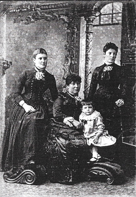 Family girls taken circa 1886. From left to right: Mary Ann (Polly) Chavannes (nee Rapley) 1864-1936, Jane Ormsbee (formerly Rapley) (nee Nathan), child Madeline Myrtle Ormsbee Higgie 1884-1957, Janet Hearn Higgie (nee Rapley) 1862-1930. Janet Rapley married Robert Higgie in 1883. Robert Higgie was the brother of Janet Jessie Higgie.