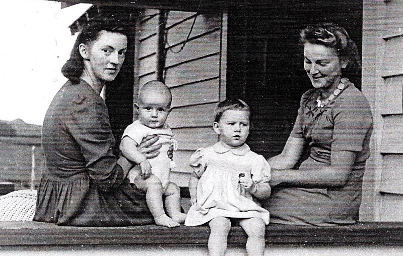 Gytha Hearn Booth (nee Higgie) 1916-1998, Gytha's toddler daughters Owen Booth and Pamela Booth and, Gytha's younger sister Shirley Higgie 1930-2022 at &lsquo;Belmont&rsquo; Te Rore, near Te Awamutu in the Waikato in 1946. Shirley Higgie was to five years later in 1851 marry Paul Jones.