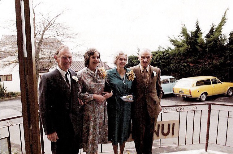 Kiri Taylor (nee Oliver) 1917-2003 wedding to Terence Hancock on 11 July 1981, her 64th birthday. Kiri's second wedding. From left to right: Unknown, Robin (Kiri's daughter 1942-2003), Kiri Hancock (formerly Talor and nee Oliver) and new husband, Terence (Ted) Hancock.
Kiri's second wedding.