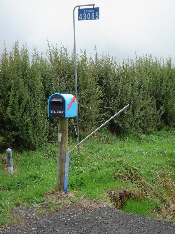 Letter box to current property of Charles Oliver (1843-1930) old farm on 1025 Mangorei Rd. David Lloyd June 2007.