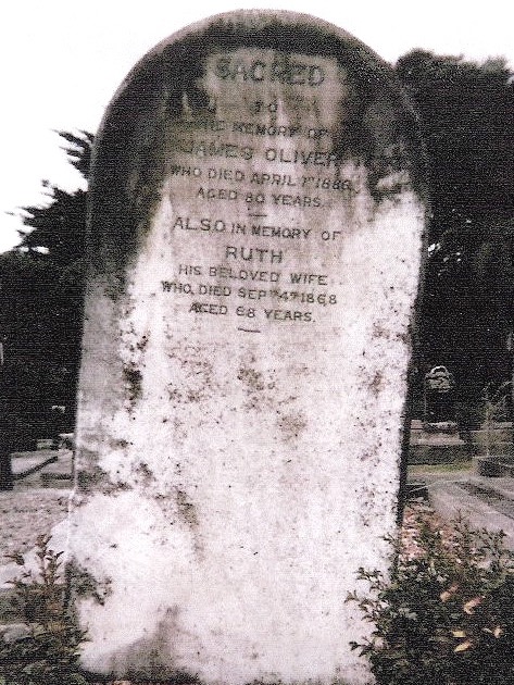 Headstone of James (1805-1886) and Ruth (nee Batten) (1800-1868) Oliver in the Te Henui Cemetery, New Plymouth. Row 14, Lot 3, Plot 01.