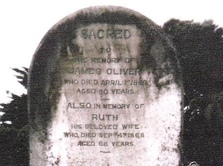 Close-up of headstone of James and Ruth (nee Batten) Oliver in the Te Henui Cemetery, New Plymouth. Row 14, Lot 3, Plot 01. James and Ruth lived in New Plymouth and also dairy farmed in Mangorei Road. They arrived on the barque 