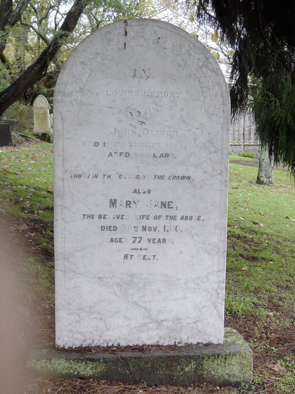 Headstone of John Oliver (1830-1899), son of James and Ruth (nee Batten) Oliver. And wife Mary Jane Oliver (nee Julian) (1832-1910), buried in the graveyard of St. Mary's Church in New Plymouth. They farmed at Tariki, Mount Egmont (now Mount Taranaki) and then at Omata, Taranaki.
