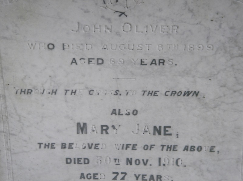 Close-up of headstone of John Oliver (1830-1899) and his wife Mary Jane (nee Julian) Oliver. Mary was the daughter of Richard and Elizabeth (nee White) Julian who arrived in New Plymouth in November 1842 with family on the ship &ldquo;Blenheim
