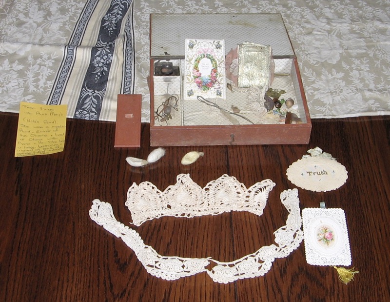 Memorabilia from David&rsquo;s &ldquo;Oliver Family Trunk&rdquo;. It contains Mary Ann Oliver's (1863-1947) belongings from where she lived at Okoia. Mary was the eldest child of Samuel and Jessie (nee Higgie) Oliver at Okoia, Wanganui.