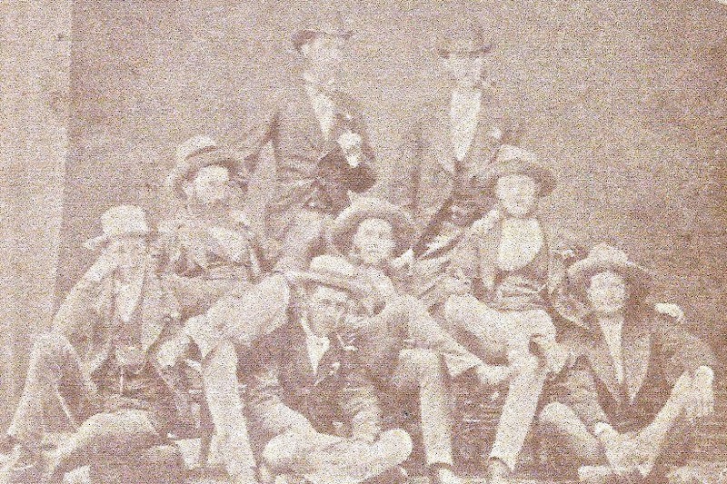 Photo of the three youngest Higgie brothers taken prior to 1885 of John's death. From Myrtle Higgie's estate. John Higgie (1853-1885) middle-centre. Robert Higgie (1885-1933) middle right. James Higgie (1857-1925) front-right.