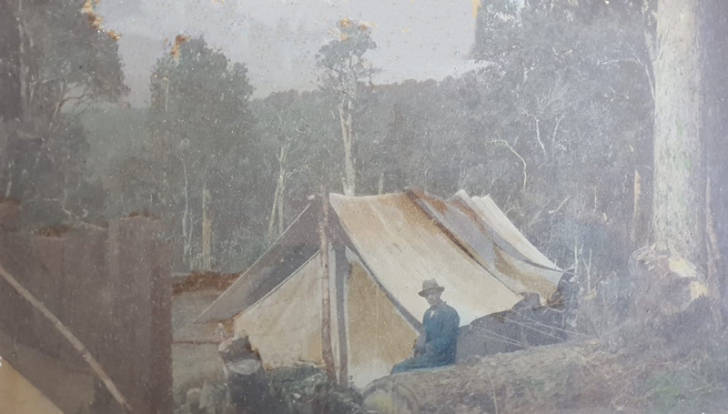 Tent in bush near Mangaweka region where Joseph Shute was road building en-route to Taihape circa 1984. Man in photo unidentified.