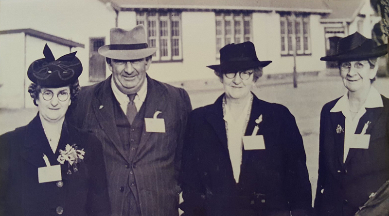 The Shute Siblings at 50th School Reunion Taihape in 1946 - Lena Milne (nee Shute), Tom Shute, Gwen Corkill (nee Shute), Ness Oliver (nee Shute)
