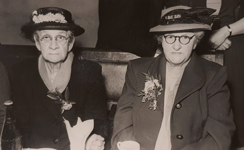 Shute sisters Ness Oliver and Gwen Corkill at Beverly Margaret Milne's wedding to Gerald Clarke on 22 August 1953. Beverly (Bev) is the daughter of sister Lena Llewella Milne (nee Shute).