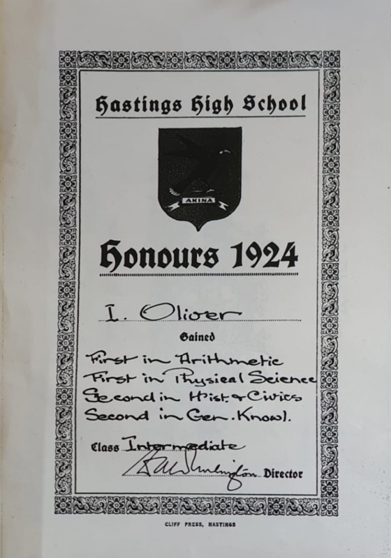 Ivor Oliver Hastings High School Honours Certificate 1924