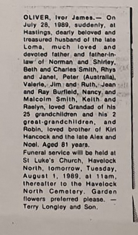 Ivor James Clark Oliver 1907-1989 - death notice