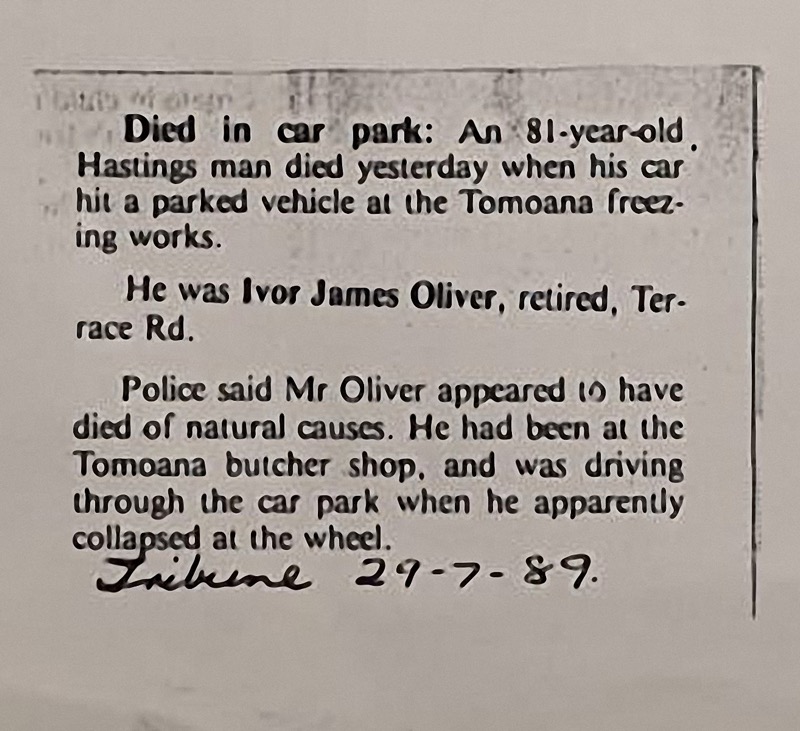 Ivor James Clark Oliver - article on his death in Hawkes Bay Tribune 29 July 1989