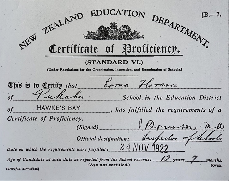 Loma Florance - Certificate of Proficiency 1922