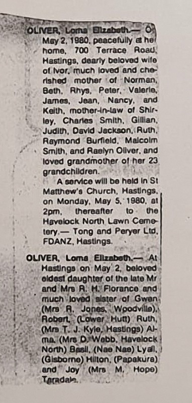 Loma Elizabeth Oliver (nee Florance) 1910-1980 - death notice