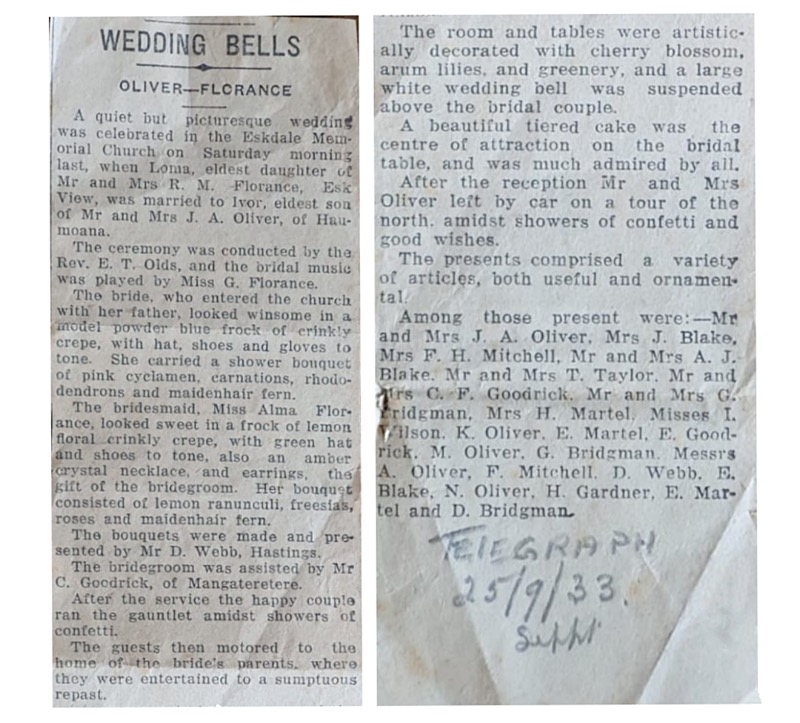 Ivor Oliver and Loma Florance wedding - article in The Telegraph 25 September 1933