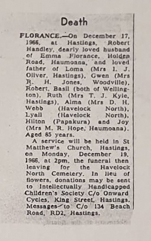 Florance, Robert Handley - death notice