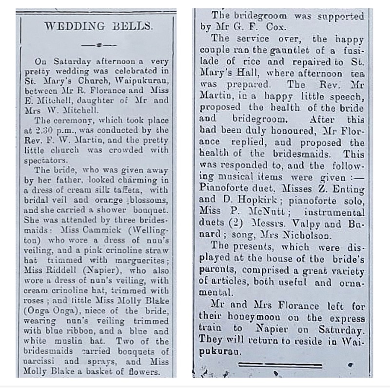 Robert Florance and Emma Mitchell - Wedding Article Waipukurau Press 1 September 1908