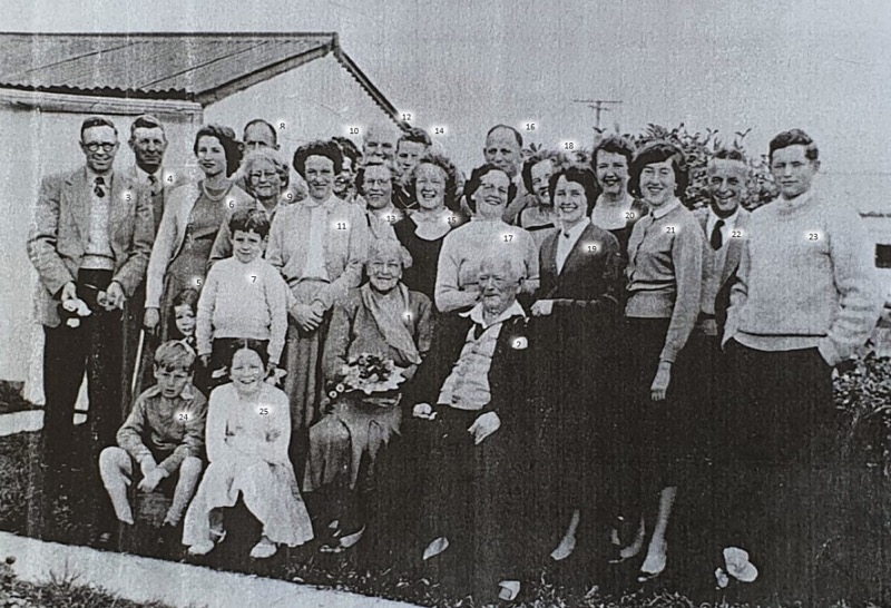 Robert and Emma Florance&rsquo;s 50th Wedding Anniversary, 1958. 1. Emma and 2. Robert sitting in the centre. Standing from left: 3. Lyall Florance; 4. Ivor Oliver; 5. Angela Florance; 6. Shirley Kyle; 7. David Florance; 8. Doug Webb; 9. Loma Oliver (nee Florance); 10. unknown; 11. Joy Hope (nee Florance); 12. Reg Jones; 13. Ruth Kyle (nee Florance); 14. Robert Kyle; 15. Gwen Jones (nee Florance); 16. Jim Kyle; 17. Alma Webb (nee Florance); 18. Barbara Florance (married to Hilton Florance); 19. Beth Smith (nee Oliver); 20. Ann Jones; 21. Judith Webb; 22. Hilton Florance; 23. Rhys Oliver, sitting 24. Hilton Kyle; 25. Merin Jones.