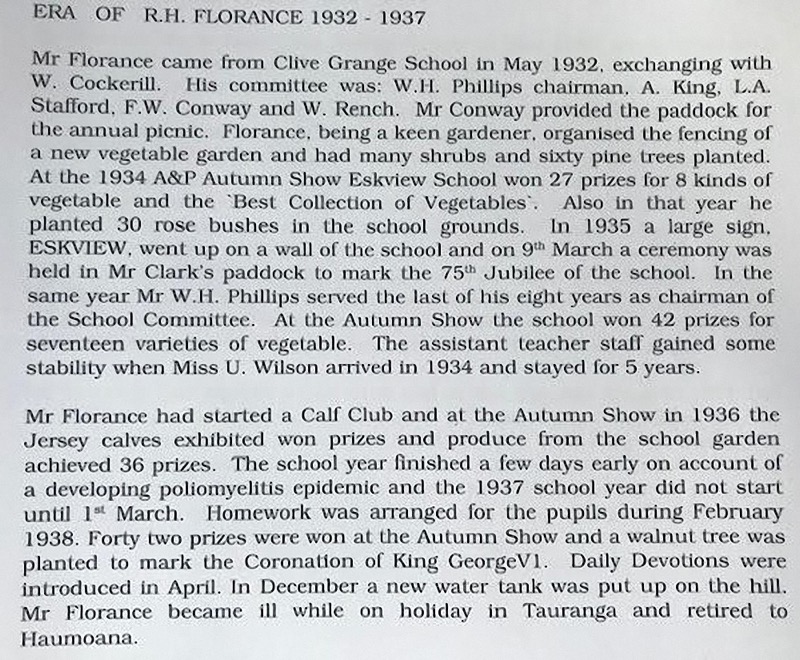 Article about Robert Handley Florance, headmaster Eskdale School 1932 to 1937. From the Eskdale School Jubilee booklet. 