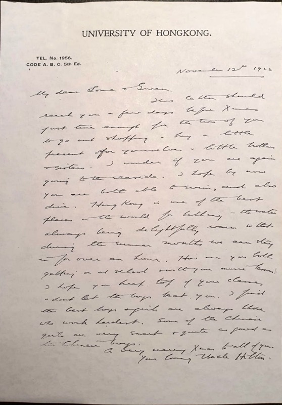 Letter to Loma & Gwen Florance from their Uncle Hilton (Prof. D C H Florance) in Hong Kong in 1923