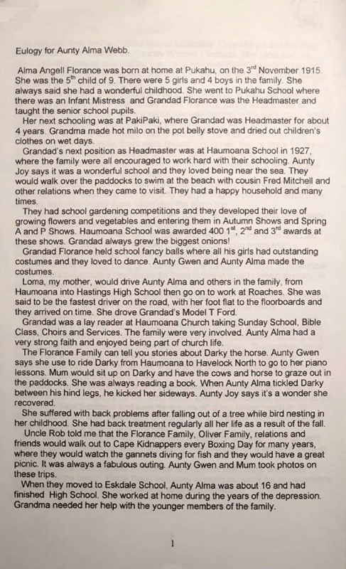 Eulogy for Aunty Alma Webb (nee Florance) 1915-2002 by niece Nancy Ruth Smith (nee Oliver) daughter of Ivor Oliver. Page 1.