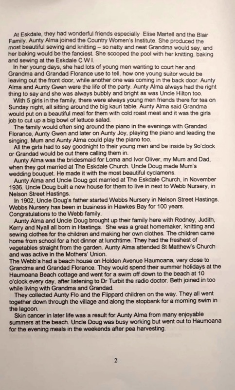 Eulogy for Aunty Alma Webb (nee Florance) 1915-2002 by niece Nancy Ruth Smith (nee Oliver) daughter of Ivor Oliver. Page 2.