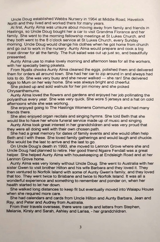 Eulogy for Aunty Alma Webb (nee Florance) 1915-2002 by niece Nancy Ruth Smith (nee Oliver) daughter of Ivor Oliver. Page 3.