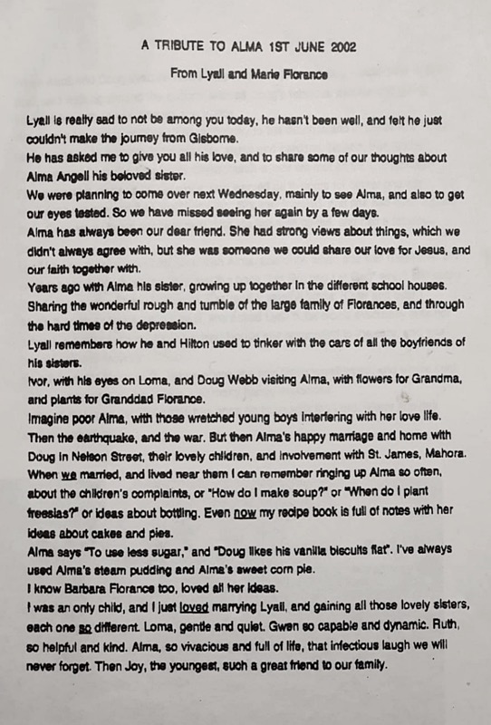 A tribute to Alma Webb (nee Florance) 1915-2002 by brother Lyall and Marie (nee Rose) Florance