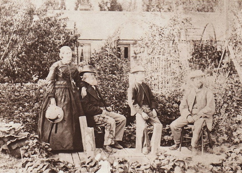 Dr Augustus Florence, his second wife and his sons, Robert Stone Florence & Augustus Florence in their Christchurch garden in 1863.