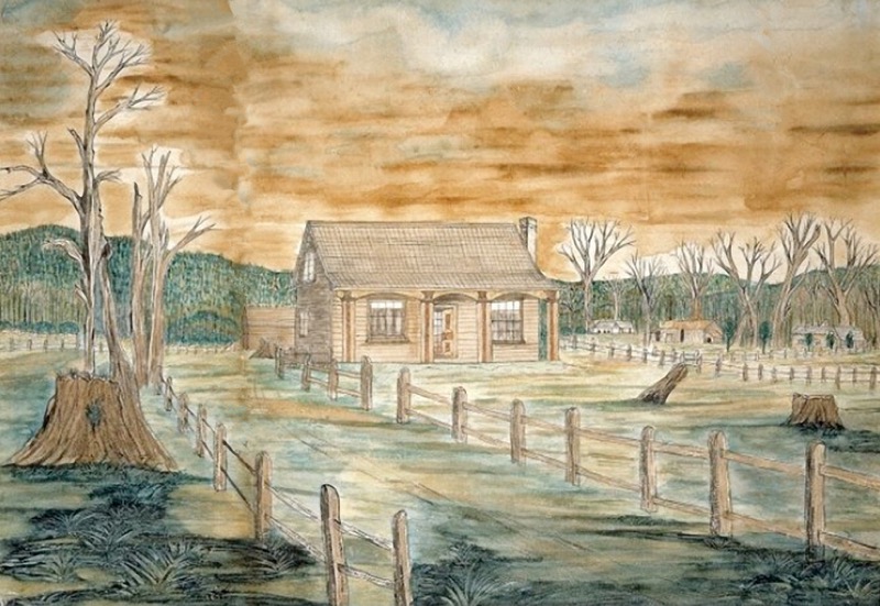 Dr Augustus Florance cottage in the Hutt Valley, north of Wellington painted by himself in 1856.