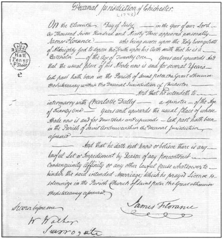 Oath sworn by James Florance on 11 July 1793, aged 21, to 'intermarry' with Charlotte Dally of a different religious faith.