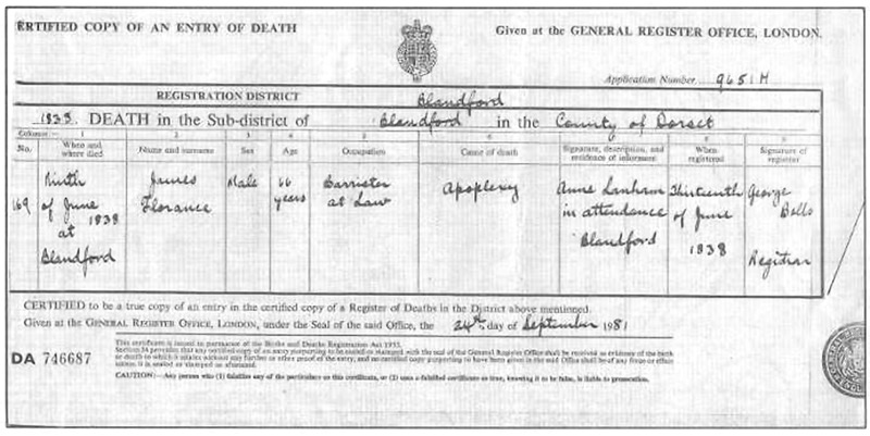 Death Certificate for James Florance ca1772-1838.