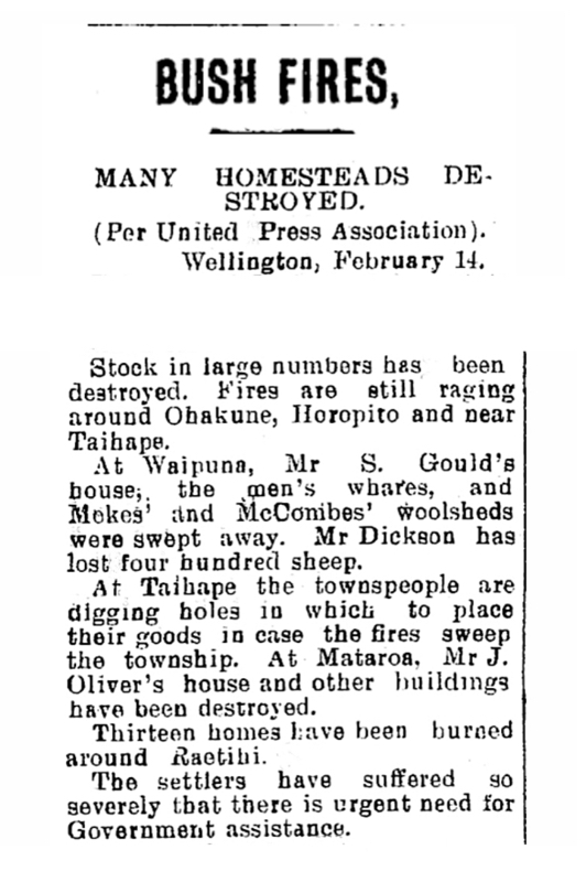 Jim Oliver's house at Mataroa destroyed by bushfire - Colonist 15 February 1908