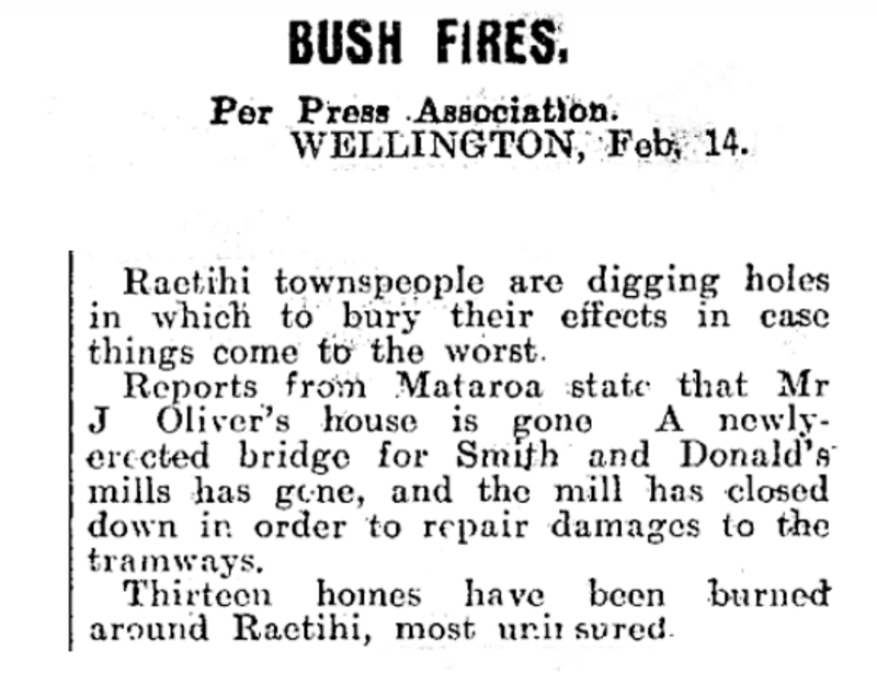 Mr J Oliver's house is gone in bushfire Manawatu Standard 15 February 1908
