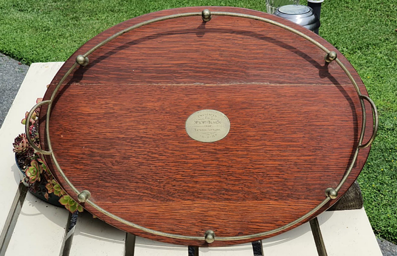 Tray presented to James and Ness Oliver in 1918 by Mataroa Settlers