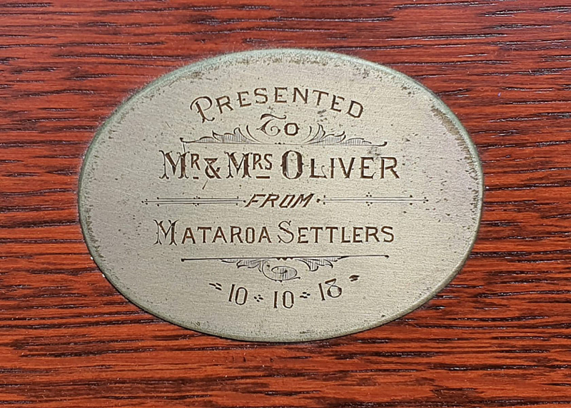 Tray presented to James and Ness Oliver in 1918 by Mataroa Settlers - Inscription