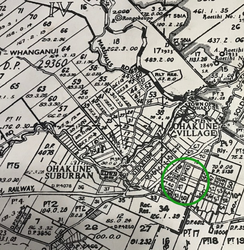 Lot 45, lower-right on this map, is the land James and Ness Oliver owned in Ohakune circa 1919