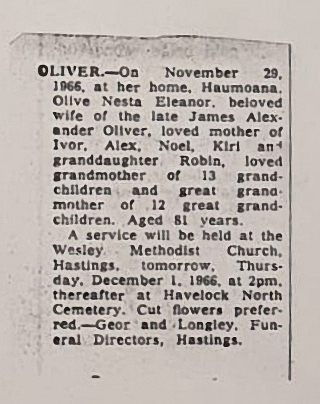Ness Oliver (nee Shute) 1885-1966 - Death notice