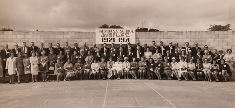 Haumoana School Reunion 1971. Ivor Oliver (born December 1907) in a photo of students who attended the Haumoana School in years that fall between 1921 and 1930. The school was opened on 4 April 1921 and at that time was known as Clive Grange School. The name changed in 1935. Ivor is in the middle row, 12th from left.