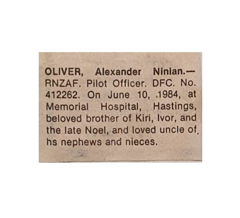 Death Notice of Alexander Ninian Oliver who died on 10 June 1984