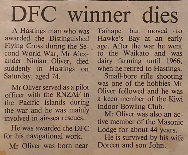 Obituary published in 1984 for Alexander Ninian Oliver noting his award of the Distinguished Flying Cross during the second Word War